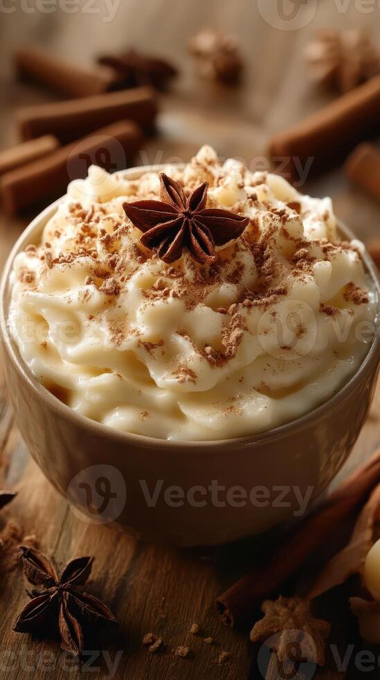 Creamy whipped dessert topped with spices and herbs in a cozy setting with rustic wooden texture photo