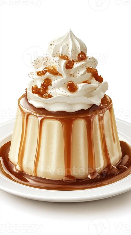Delicious dessert featuring creamy flan topped with whipped cream and caramel drizzle, perfect for any occasion photo