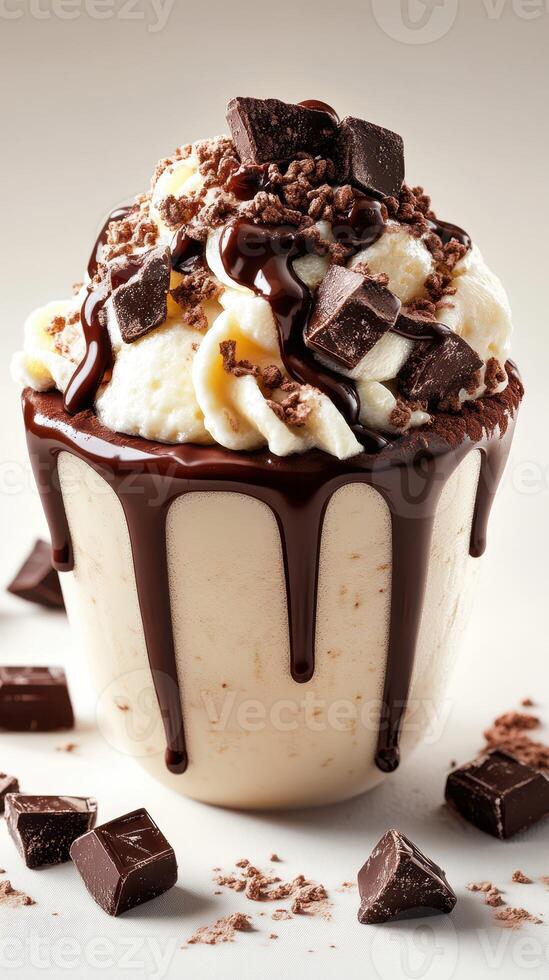 Delicious dessert featuring creamy ice cream topped with chocolate, whipped cream, and nuts in a stylish cup photo
