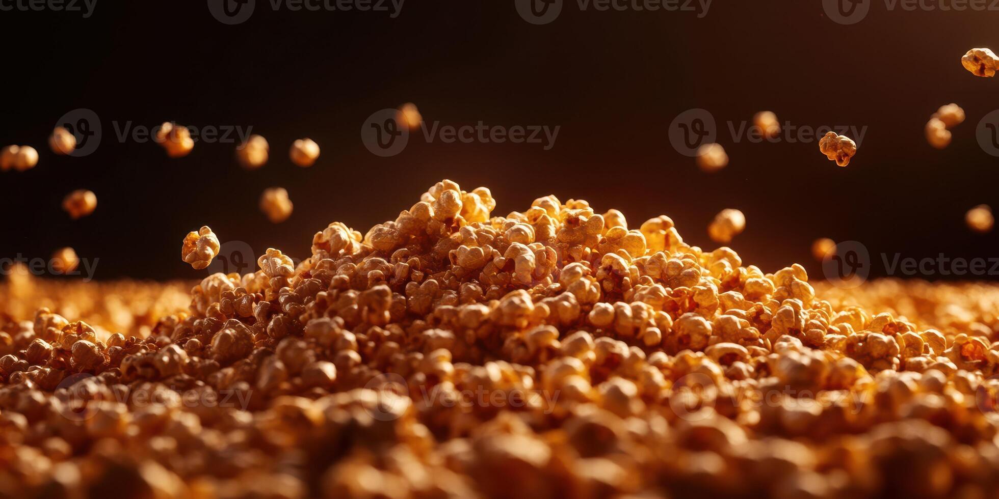 Crunchy popcorn scattered across a dimly lit surface with a warm glow creating a cozy atmosphere photo