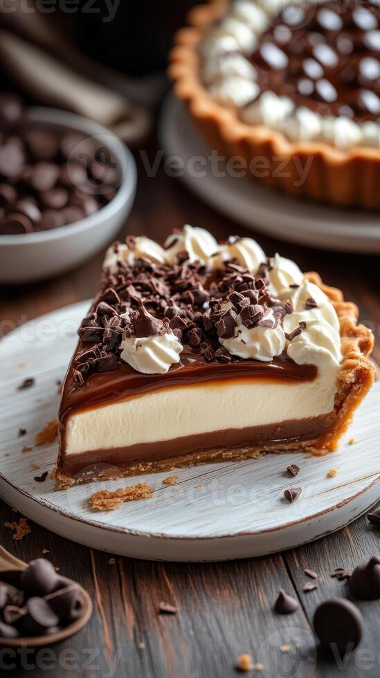 Delicious layered chocolate tart with whipped cream and chocolate shavings served on a wooden table photo
