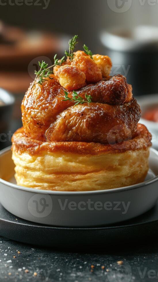 Freshly baked pastry topped with savory ingredients on a rustic table photo