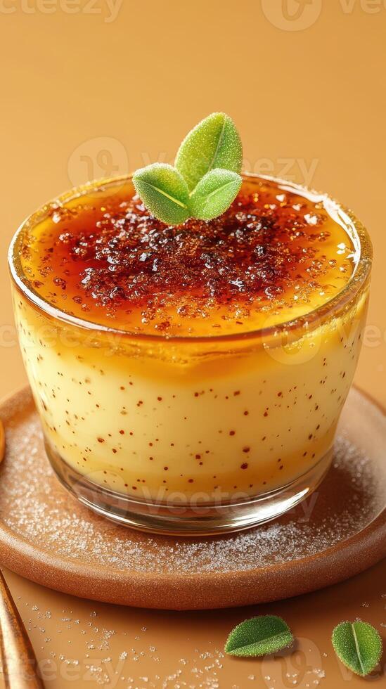 Delicious homemade flan dessert with caramel topping and mint garnish on a wooden plate photo