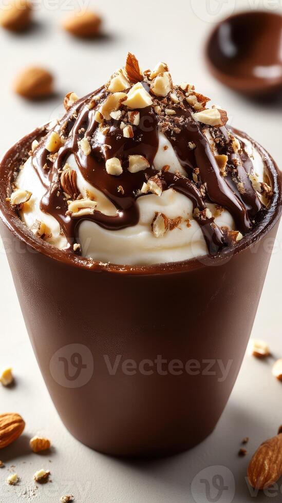 Decadent chocolate dessert topped with creamy frosting and crunchy nuts served in a chocolate cup photo