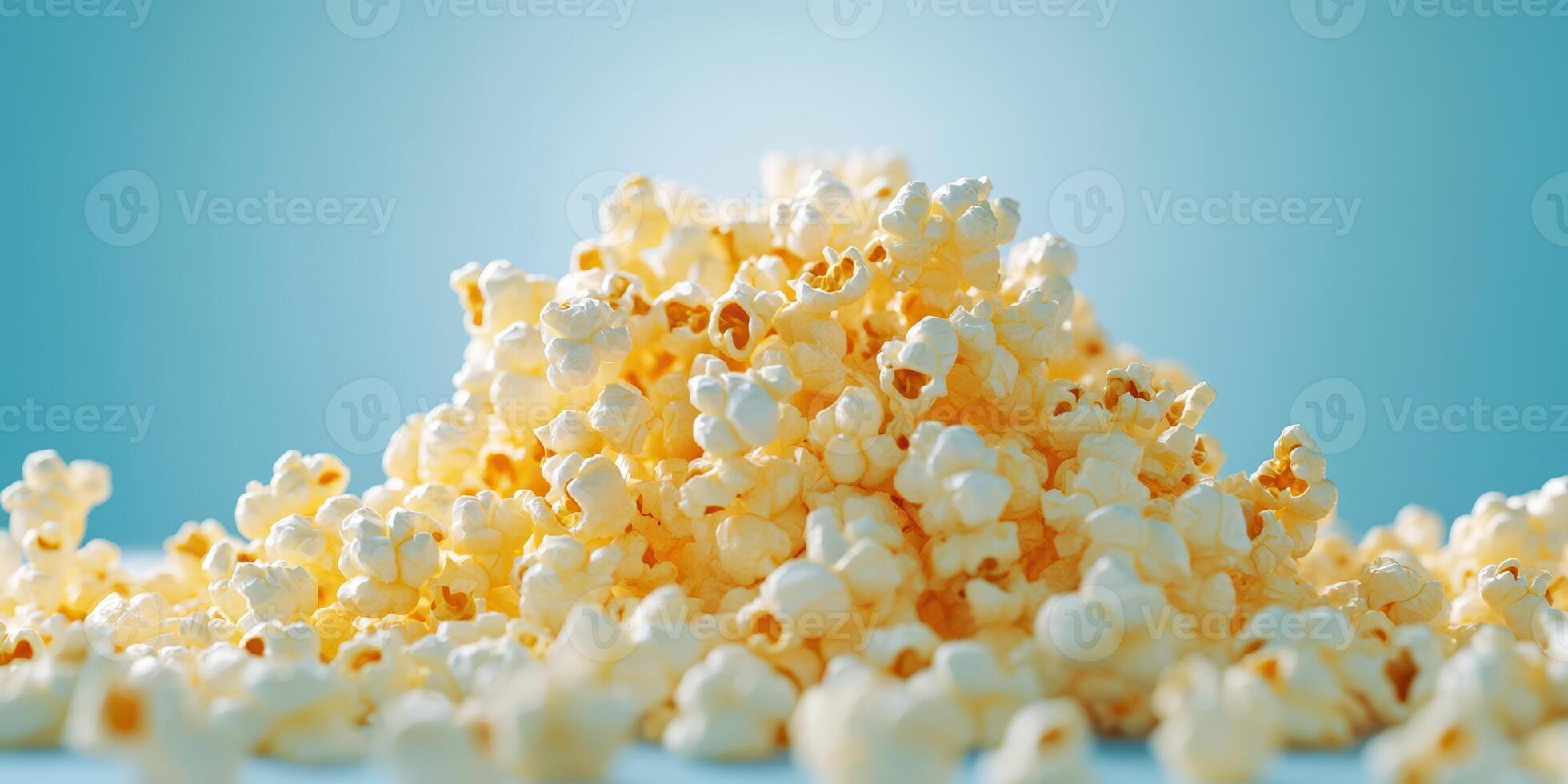 Fluffy popcorn pile against a bright blue background creating a cozy snack atmosphere photo