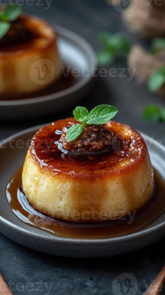Delicious caramel flan topped with a cherry and mint leaf on a dark stone background photo