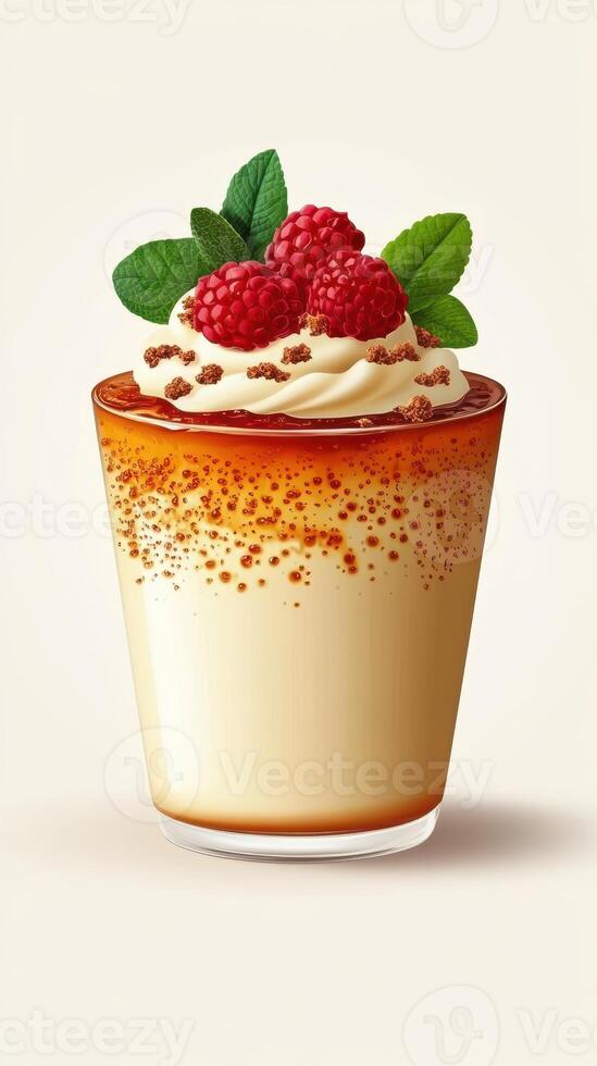Delicious dessert with creamy topping, fresh raspberries, and mint leaves in an elegant glass photo