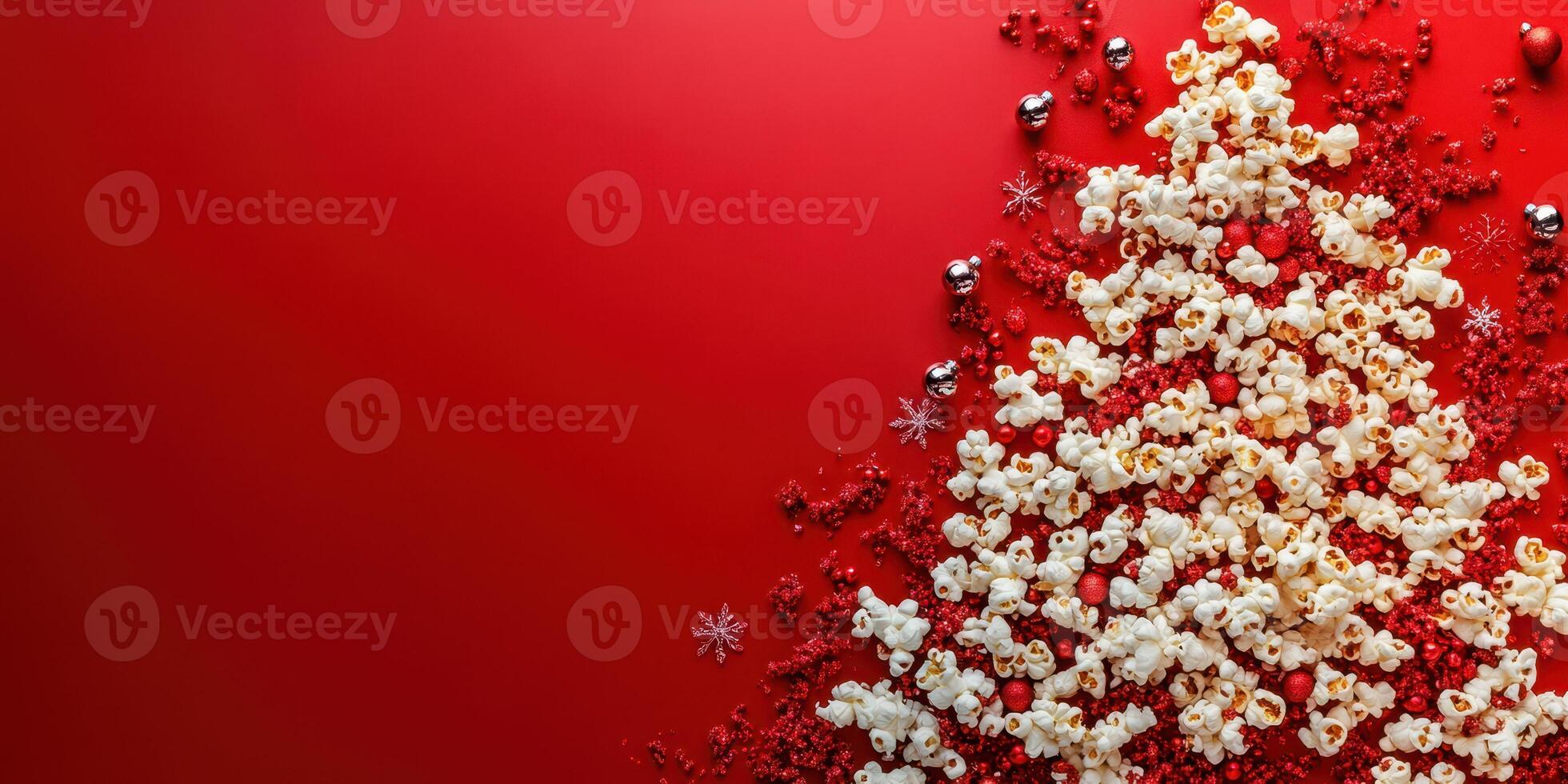 Creative popcorn Christmas tree decoration on a vibrant red background featuring festive ornaments and textures during the holiday season photo