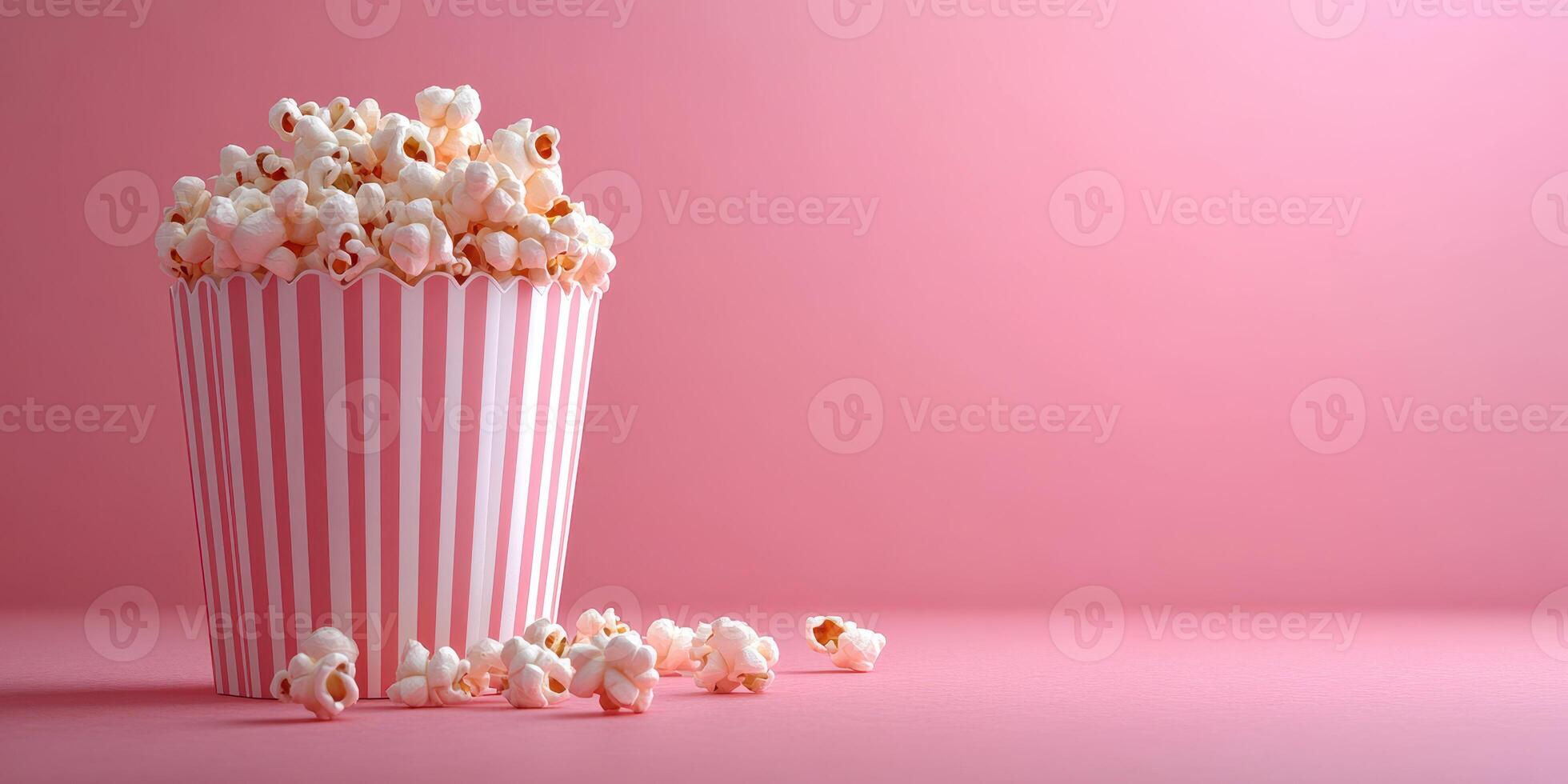 Popcorn in a striped container on pink background for a movie night or snack time photo