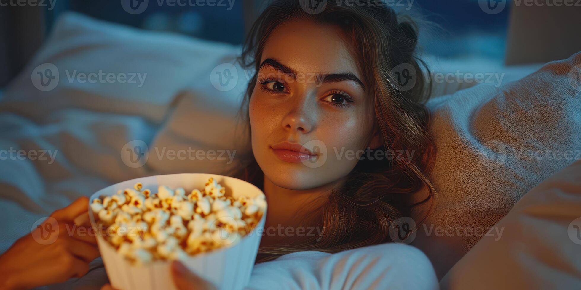 Cozy evening relaxation with popcorn while watching a movie at home photo