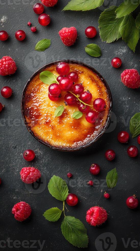 Delicious dessert with caramelized top and garnished with fresh berries on a dark background photo