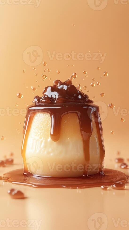 Delicious dessert with creamy texture topped with caramel sauce and chocolate drizzle against a soft orange background photo