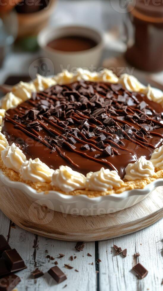 Delicious chocolate cream pie topped with whipped cream and chocolate shavings on a rustic wooden table photo