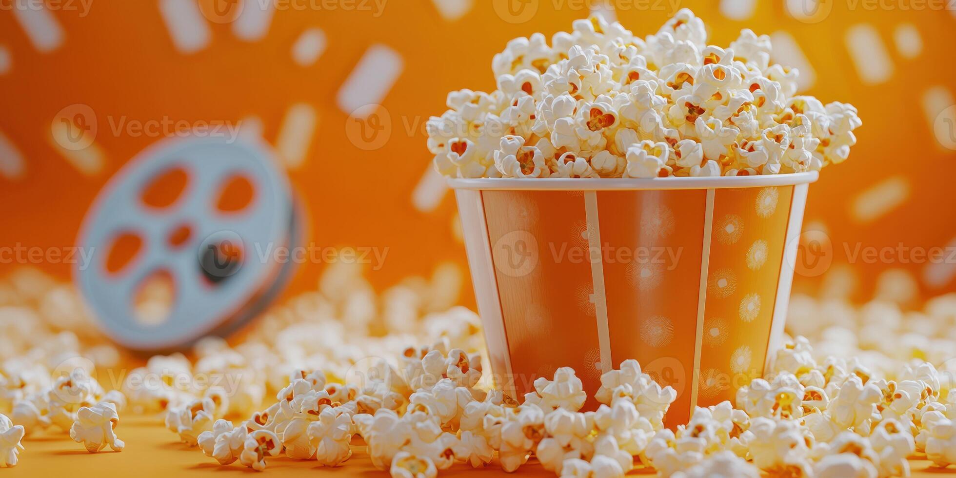 Popcorn in a striped bucket surrounded by scattered pieces and a film reel on an orange background photo