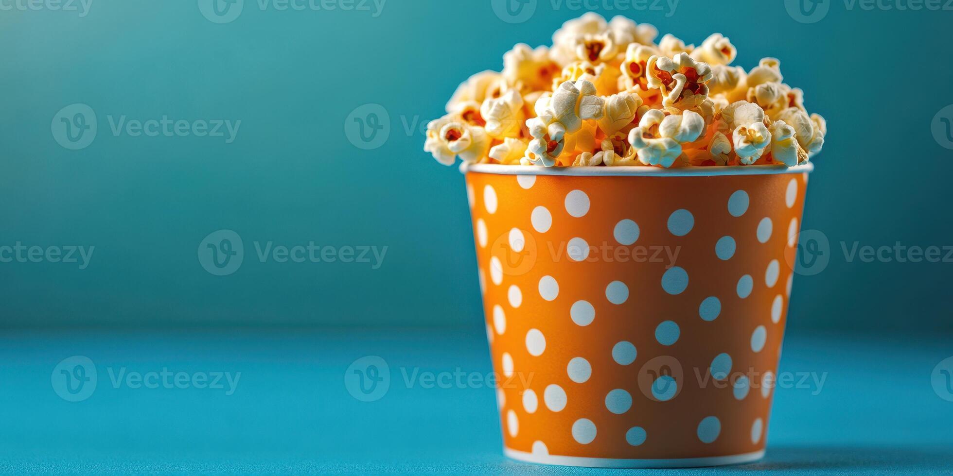 Freshly popped popcorn in a bright orange polka dot bucket on a vibrant blue surface photo