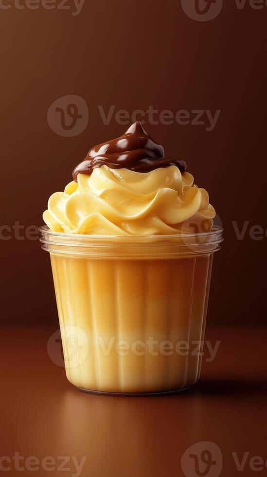 Creamy cupcake served in a clear container with layers of caramel and chocolate frosting, perfect for dessert lovers photo