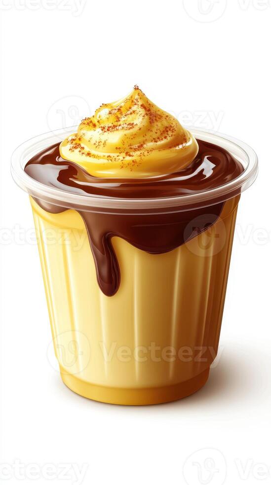 Creamy dessert featuring a chocolate layer topped with a swirl of yellow frosting and spices, perfect for any sweet craving photo