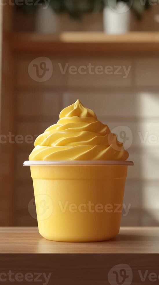 Soft serve dessert in a bright yellow cup on a wooden table in a sunny indoor setting photo