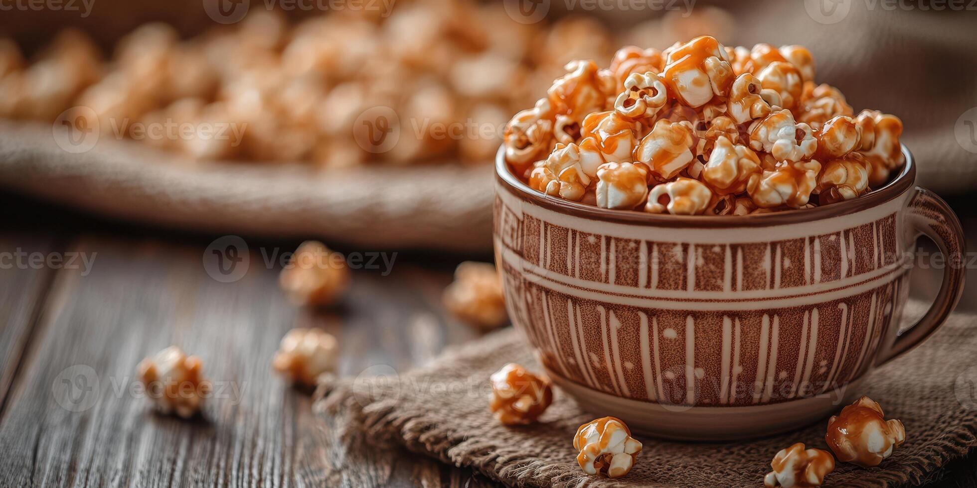 Delicious caramel popcorn served in a rustic bowl on a wooden table with scattered pieces in the background photo
