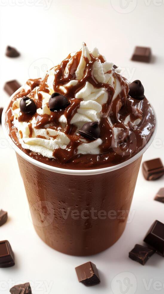 Delicious chocolate dessert topped with whipped cream and chocolate chips served in a clear cup photo