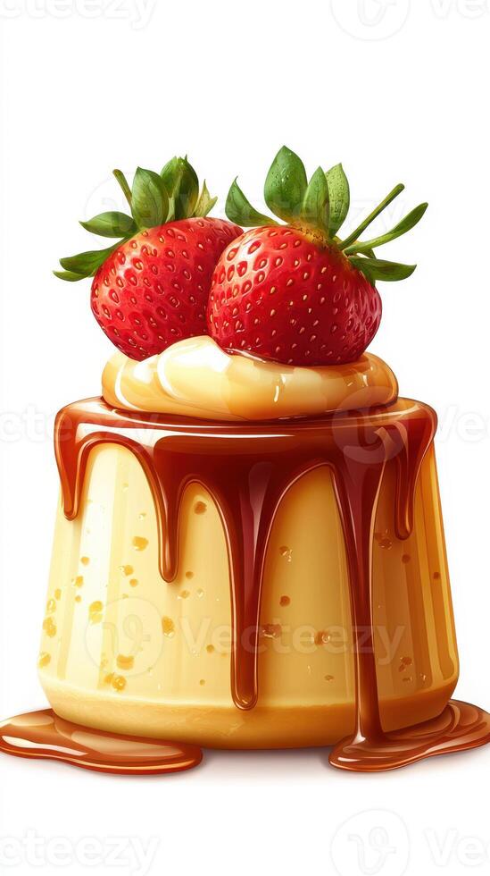 Perfect dessert creation featuring caramel flan topped with fresh strawberries and rich chocolate sauce photo