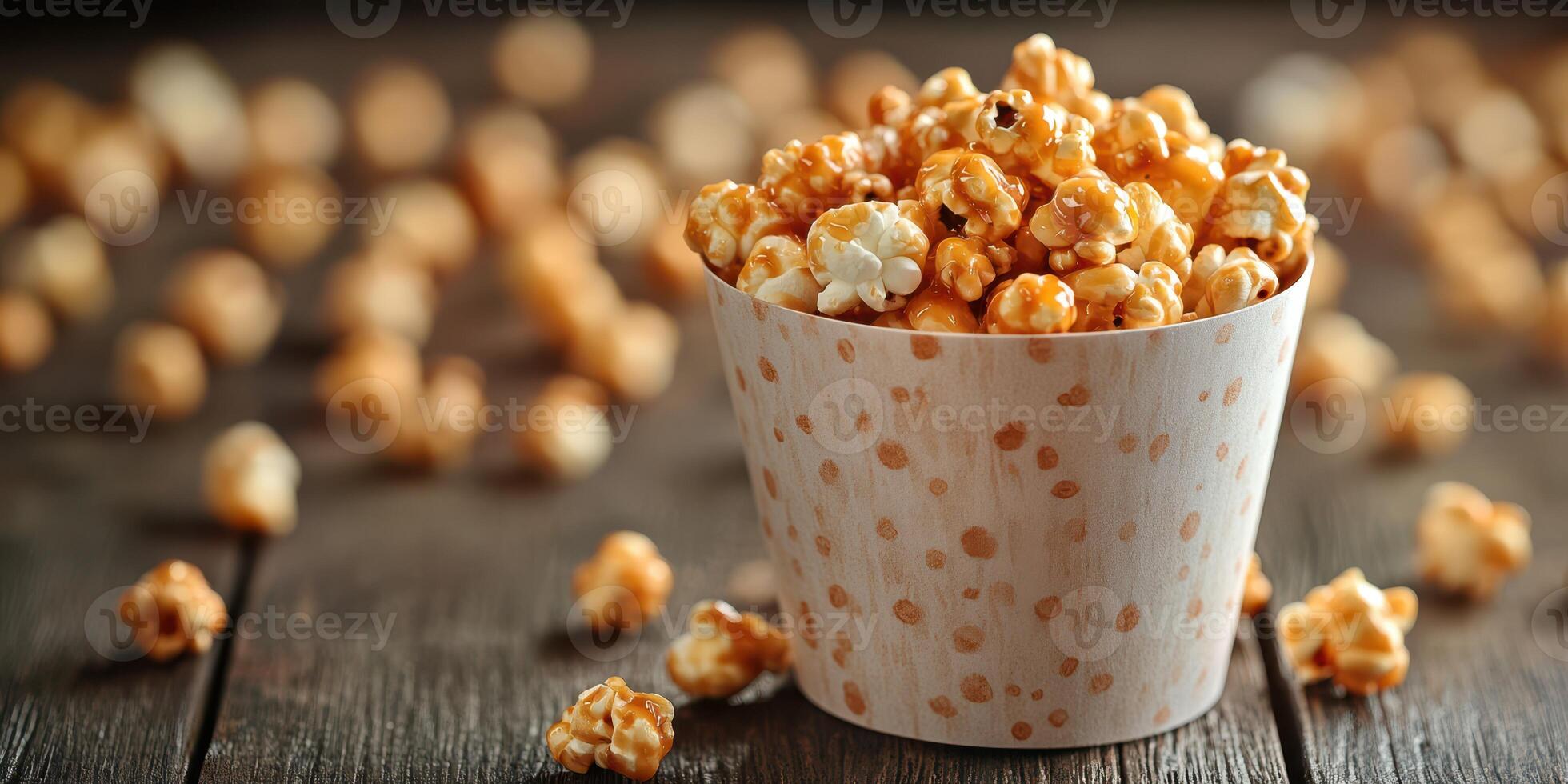 Golden caramel popcorn in a decorative bowl on a wooden table surrounded by scattered pieces photo