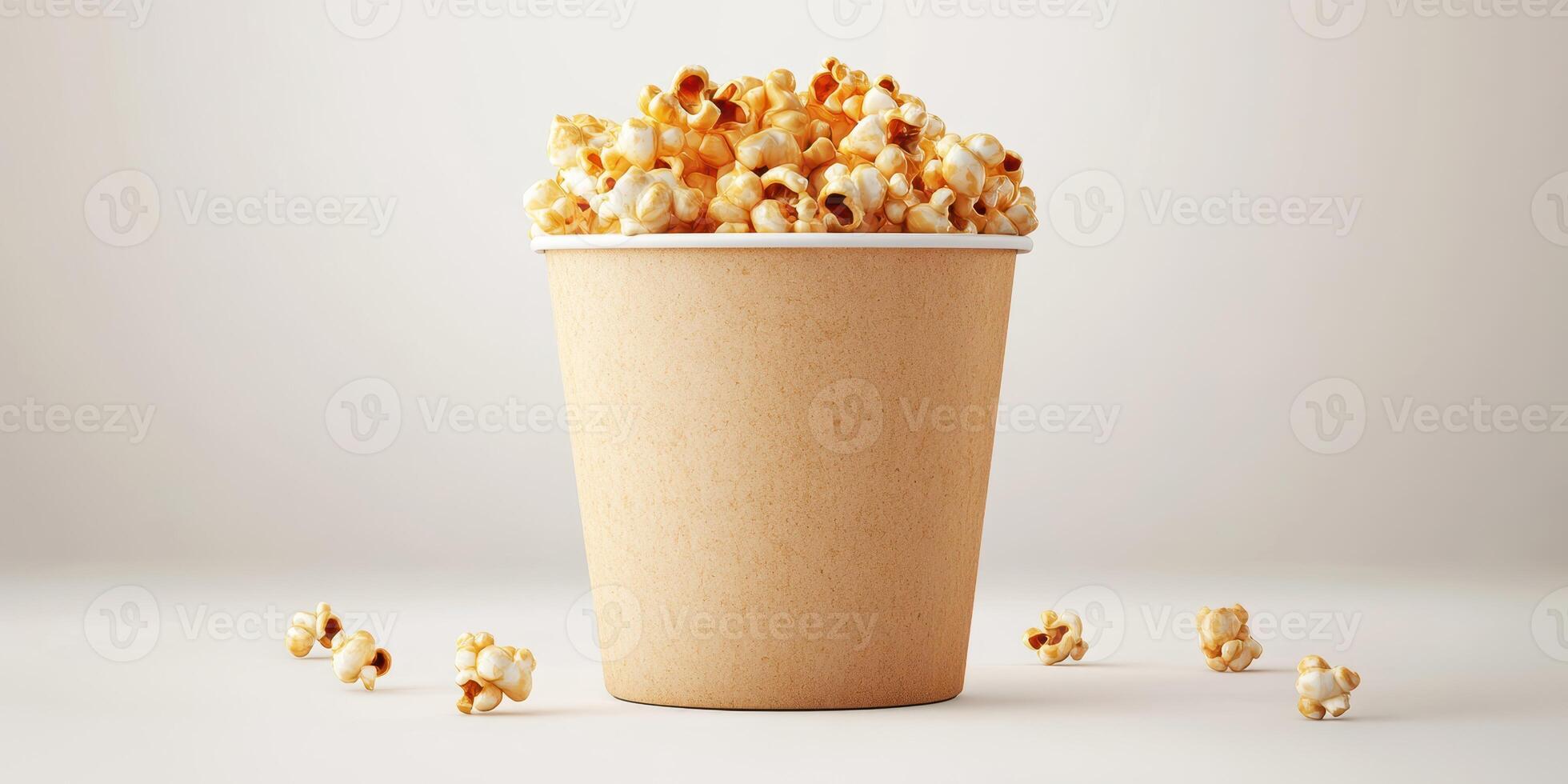 Popcorn in a kraft paper cup with scattered kernels ready for movie night at home photo
