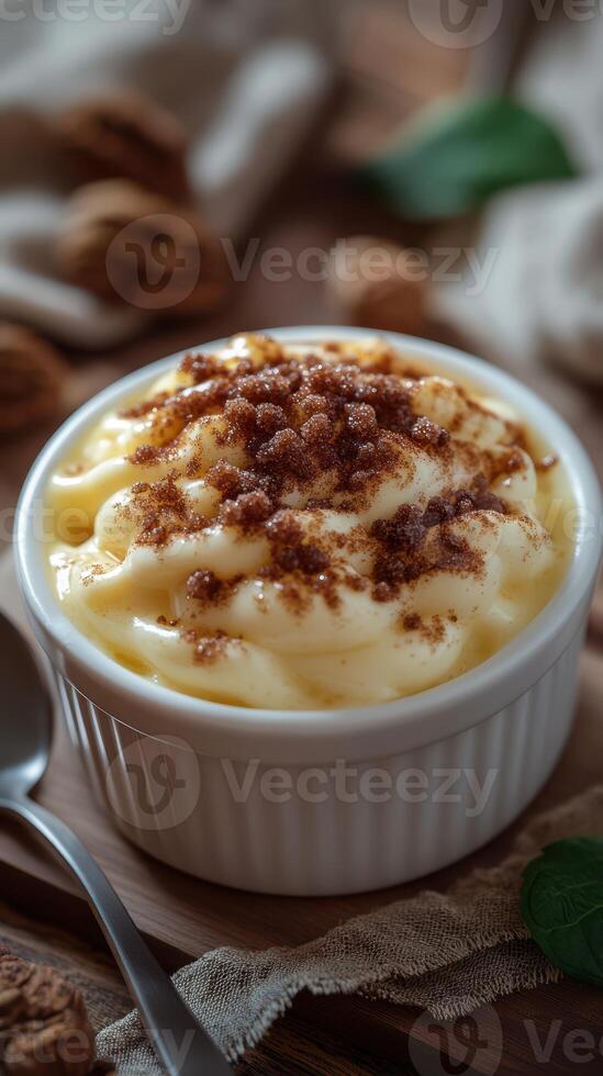 Creamy dessert topped with brown sugar and nuts garnished in a rustic setting during autumn photo