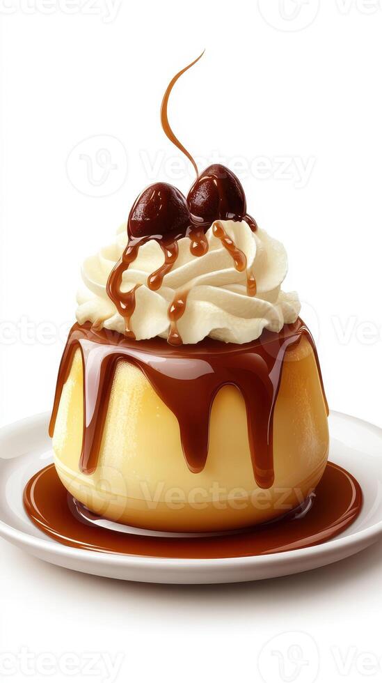 Decadent dessert featuring creamy caramel custard topped with whipped cream and chocolate drizzle photo