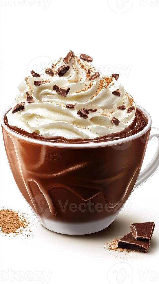 Delightful warm chocolate drink topped with whipped cream and chocolate shavings in a cozy setting photo