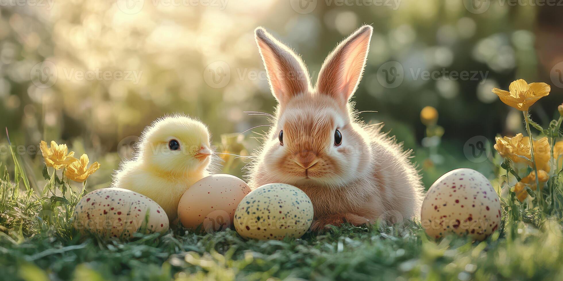 Cute bunny and chick together near decorative Easter eggs in a sunny meadow filled with flowers photo
