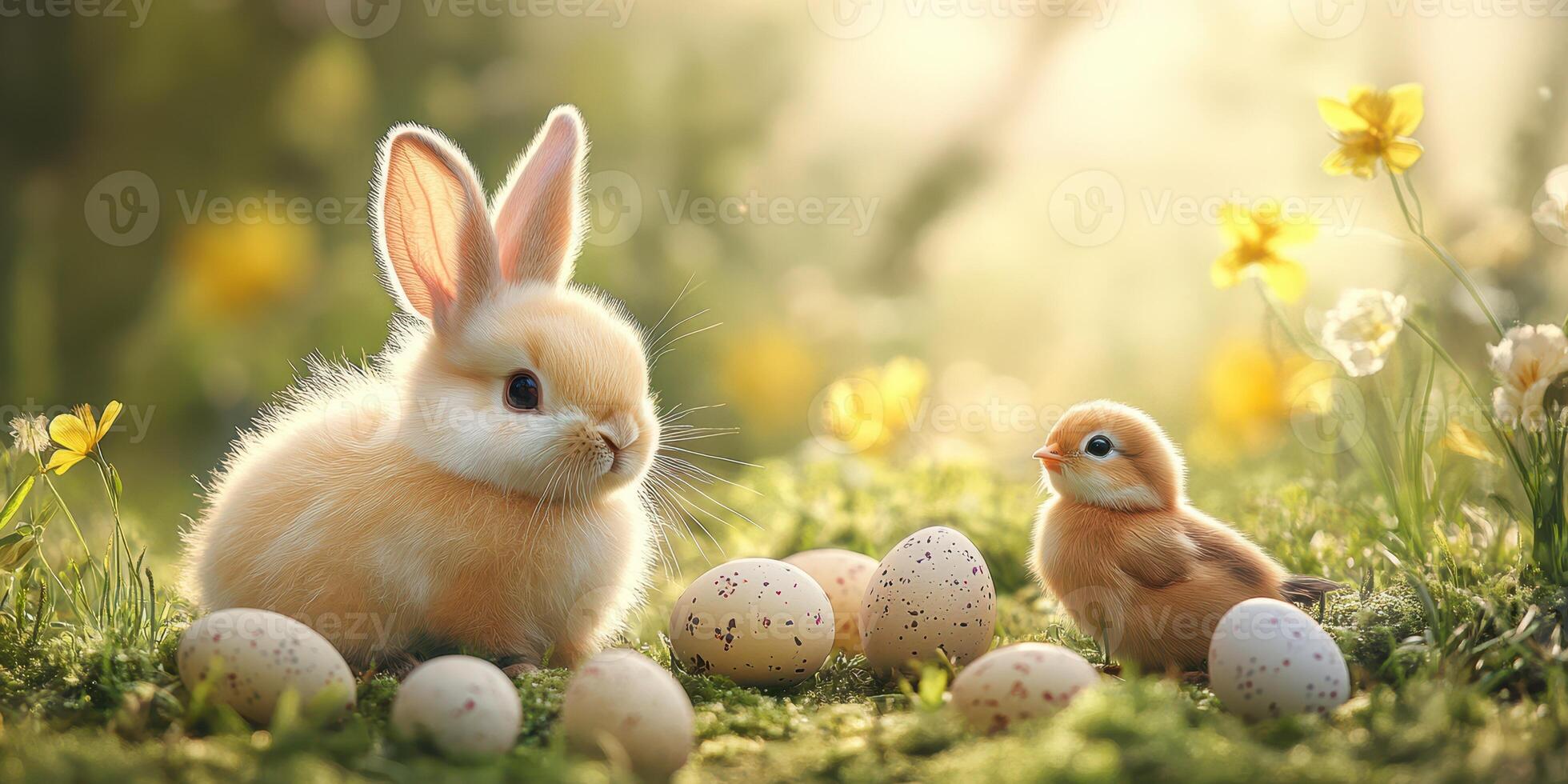 Cute bunny and chick surrounded by colorful eggs in a sunny meadow during springtime photo