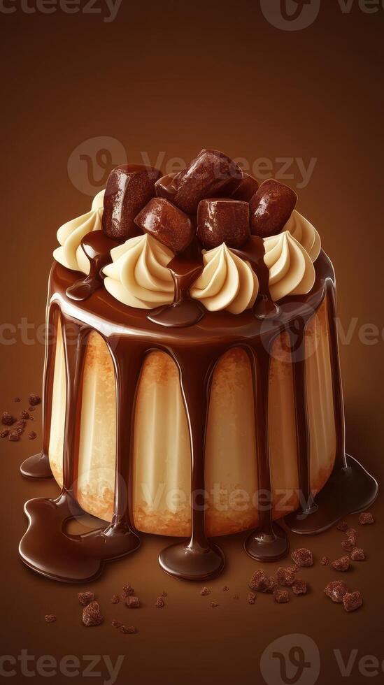 Chocolate cake with creamy frosting and chocolate ganache served on a dark background photo