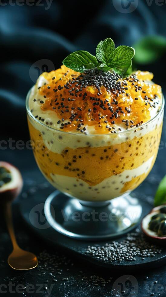 Delicious dessert with layered mango, chia seeds, and cream served in a glass bowl on a dark surface photo