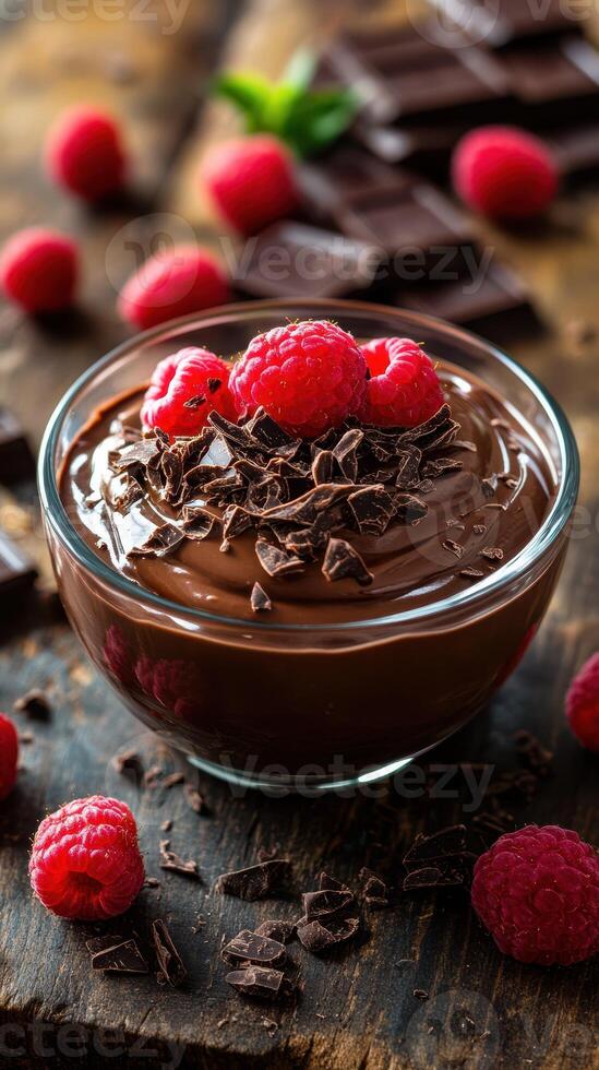 Decadent chocolate mousse topped with fresh raspberries and shaved chocolate on a rustic wooden table photo