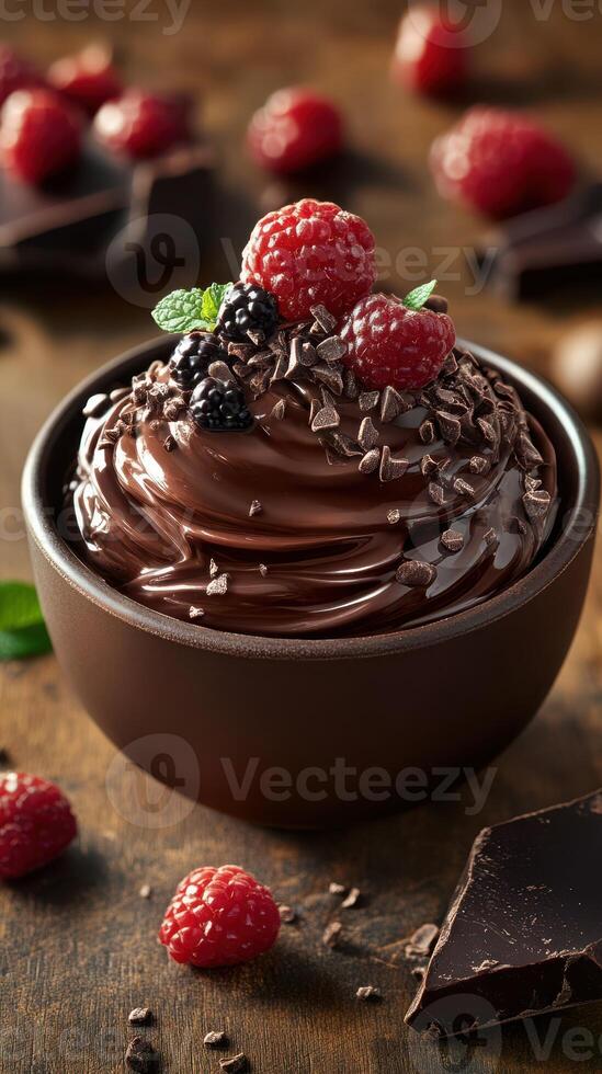 Decadent chocolate mousse topped with fresh berries on a rustic wooden table photo