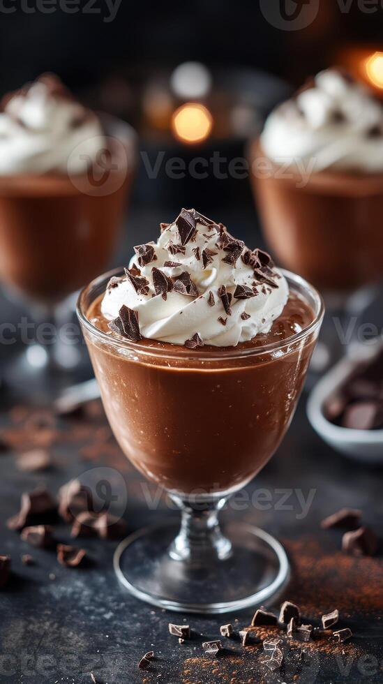 Decadent chocolate mousse dessert topped with whipped cream and chocolate shavings in an elegant setting photo