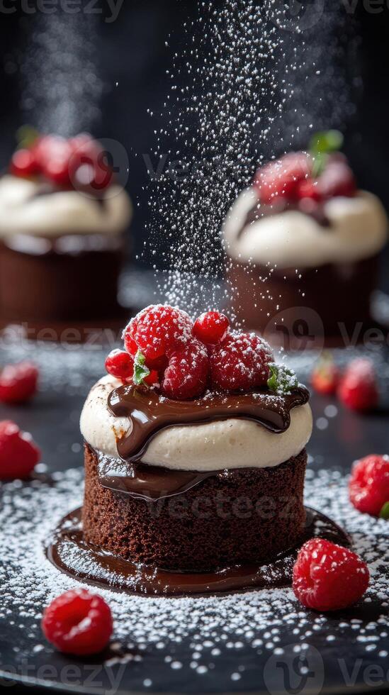 Delicious chocolate cake topped with fresh raspberries and cream in a stylish dessert setting photo