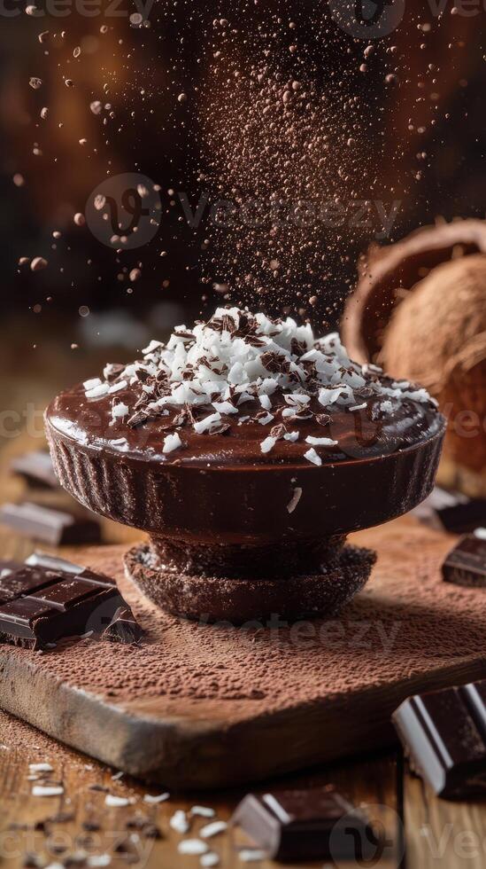 Delicious chocolate dessert topped with coconut flakes and chocolate shavings in a cozy setting photo