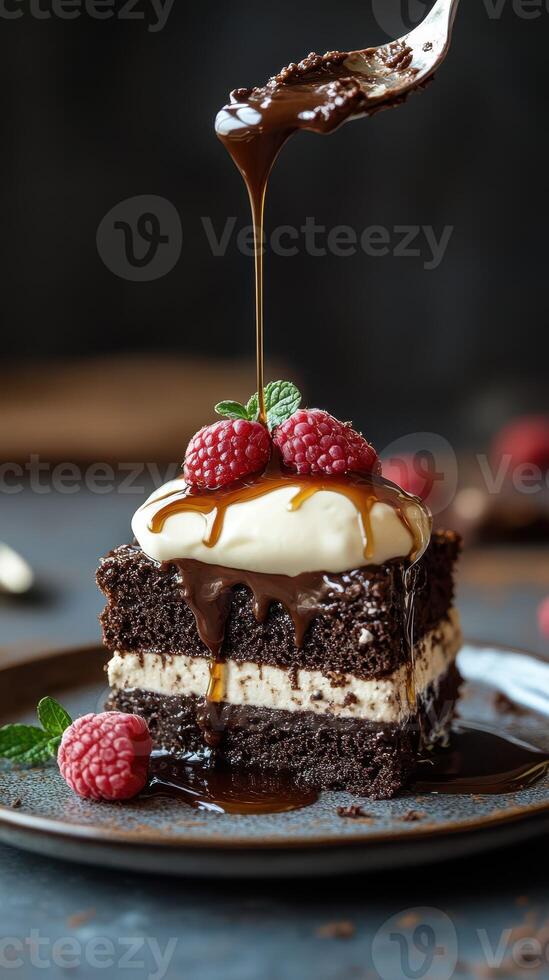 Decadent chocolate cake with cream, raspberries, and rich chocolate sauce served on a rustic plate photo