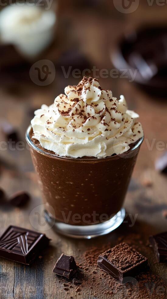 Delicious chocolate mousse topped with whipped cream and cocoa on a wooden table in a cozy setting photo