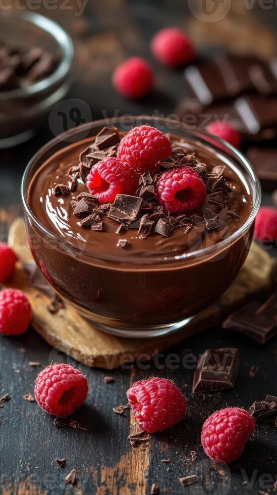 Delicious chocolate mousse topped with fresh raspberries and dark chocolate shavings on a wooden surface photo