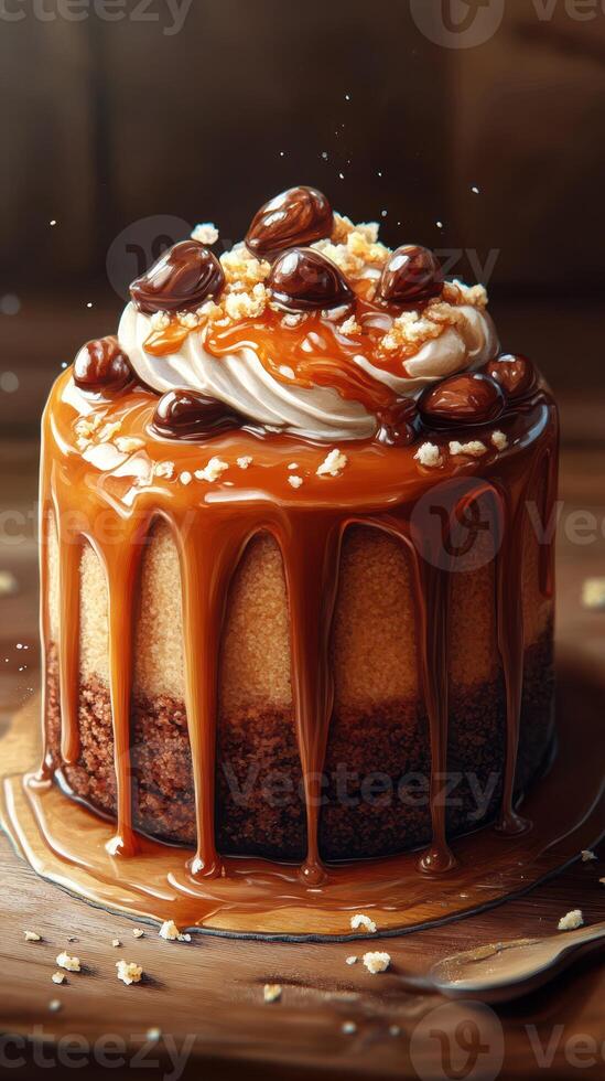 Caramel and coffee mousse cake topped with cream and chocolate beans in a cozy dessert setting photo