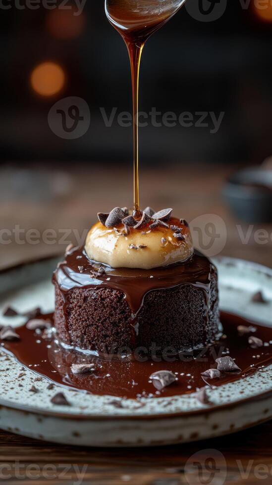 Rich chocolate dessert with banana and chocolate chips served on a rustic plate in a cozy setting photo