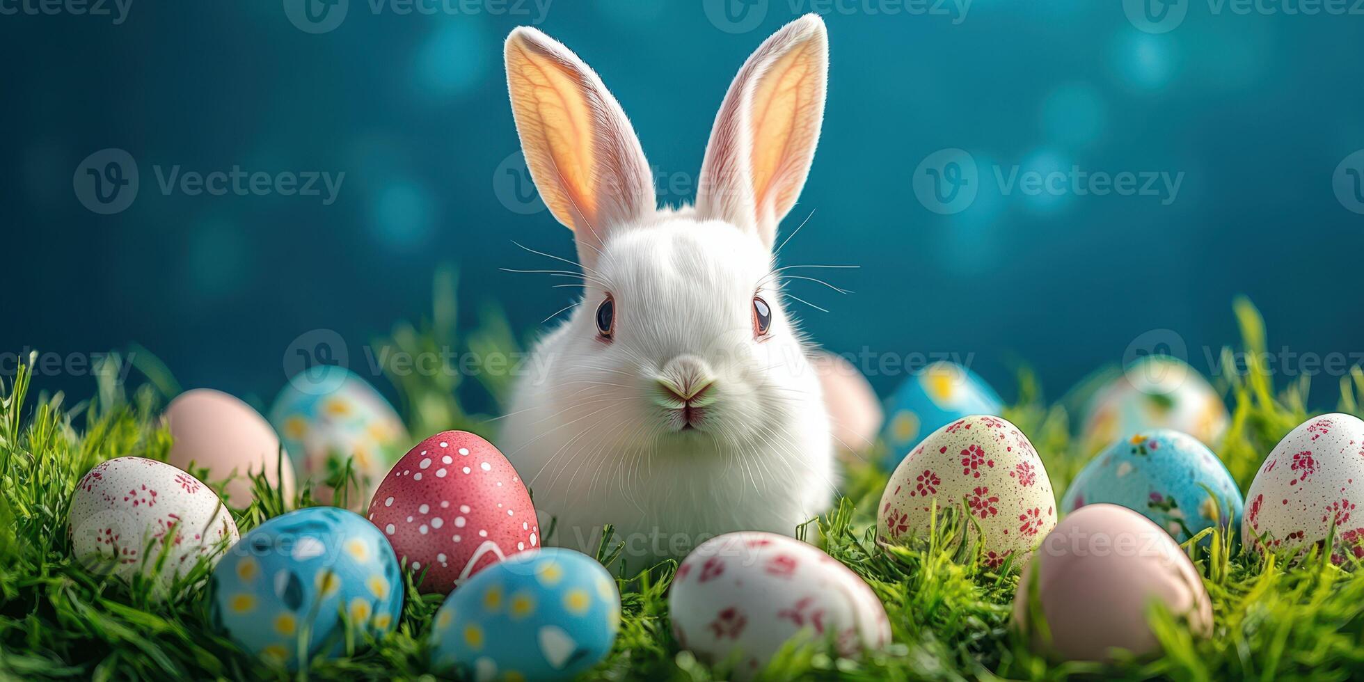 White rabbit surrounded by colorful Easter eggs on a grassy meadow with a vibrant blue background photo