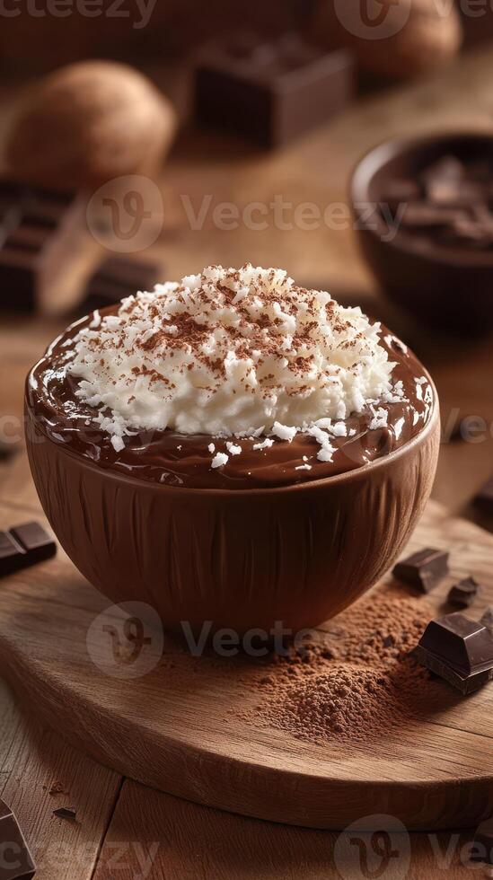 Delicious chocolate dessert topped with whipped cream and grated coconut served in a rustic bowl on wooden table photo