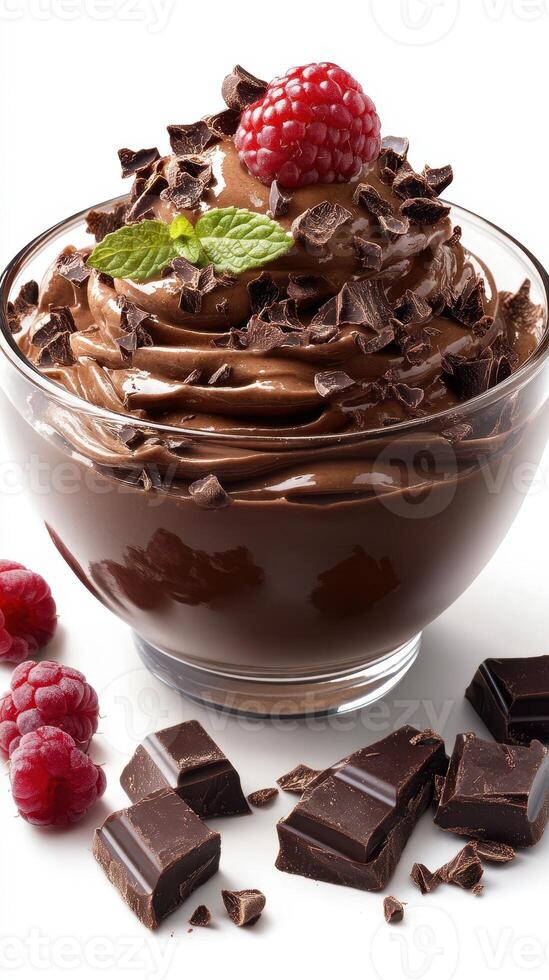 Delicious chocolate mousse topped with fresh raspberries and mint in a clear bowl photo