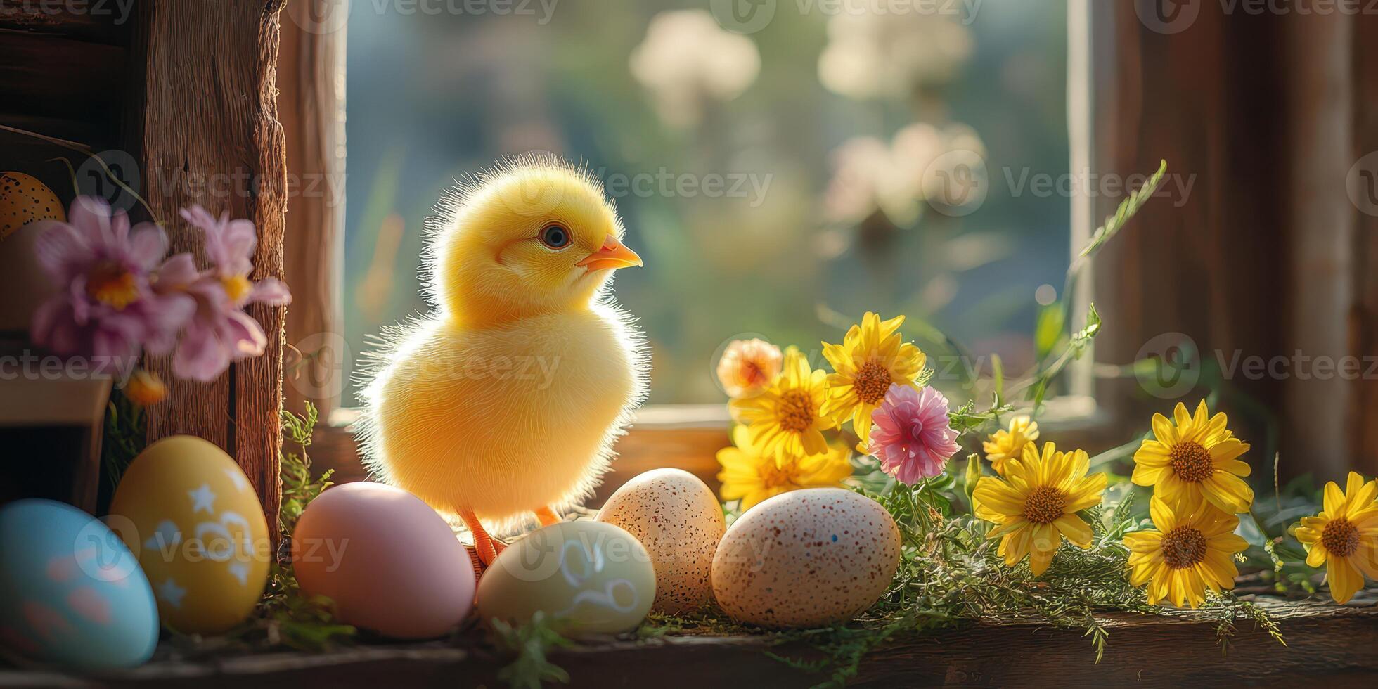 Chick standing among colorful eggs and flowers on a sunny spring day in a rustic window setting photo
