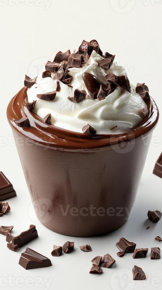 Delicious dessert featuring rich chocolate mousse topped with whipped cream and chocolate shavings in a brown bowl photo