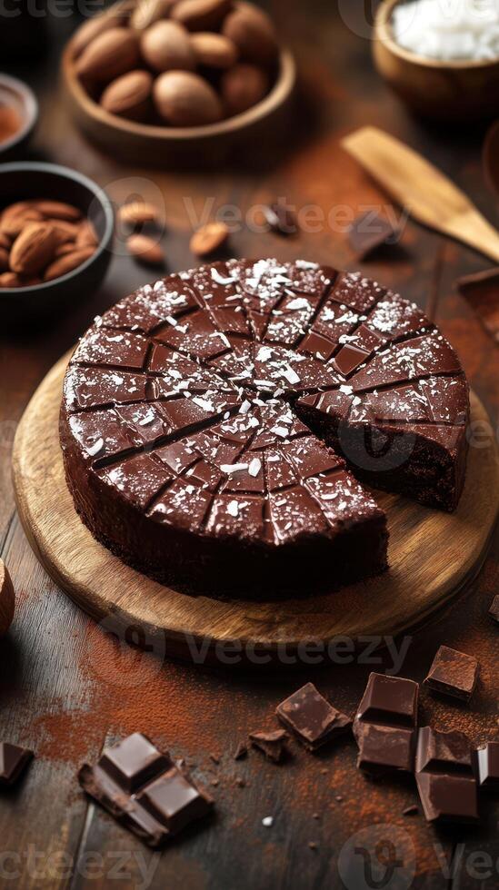Deliciously rich chocolate cake with almonds and coconut flakes served on a rustic wooden table photo